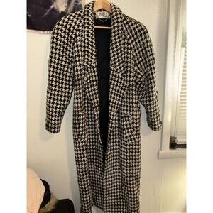Vintage 80s Billycoat Wool Coat Houndstooth Maxi Tweed Longline Overcoat M/L